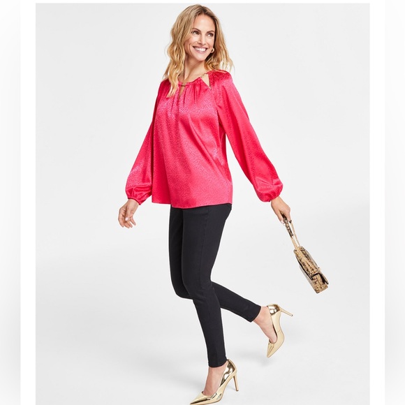 INC hot pink Long-Sleeve Chain-Hardware Jacquard Blouse size XL - Picture 2 of 10